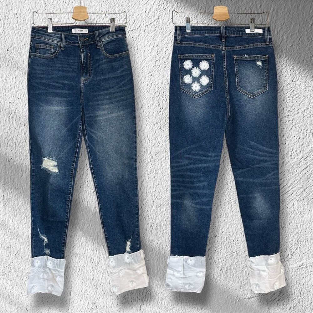 REWORKED Cello Embroidered Cuffed‎ Distressed Jeans Size 7/M